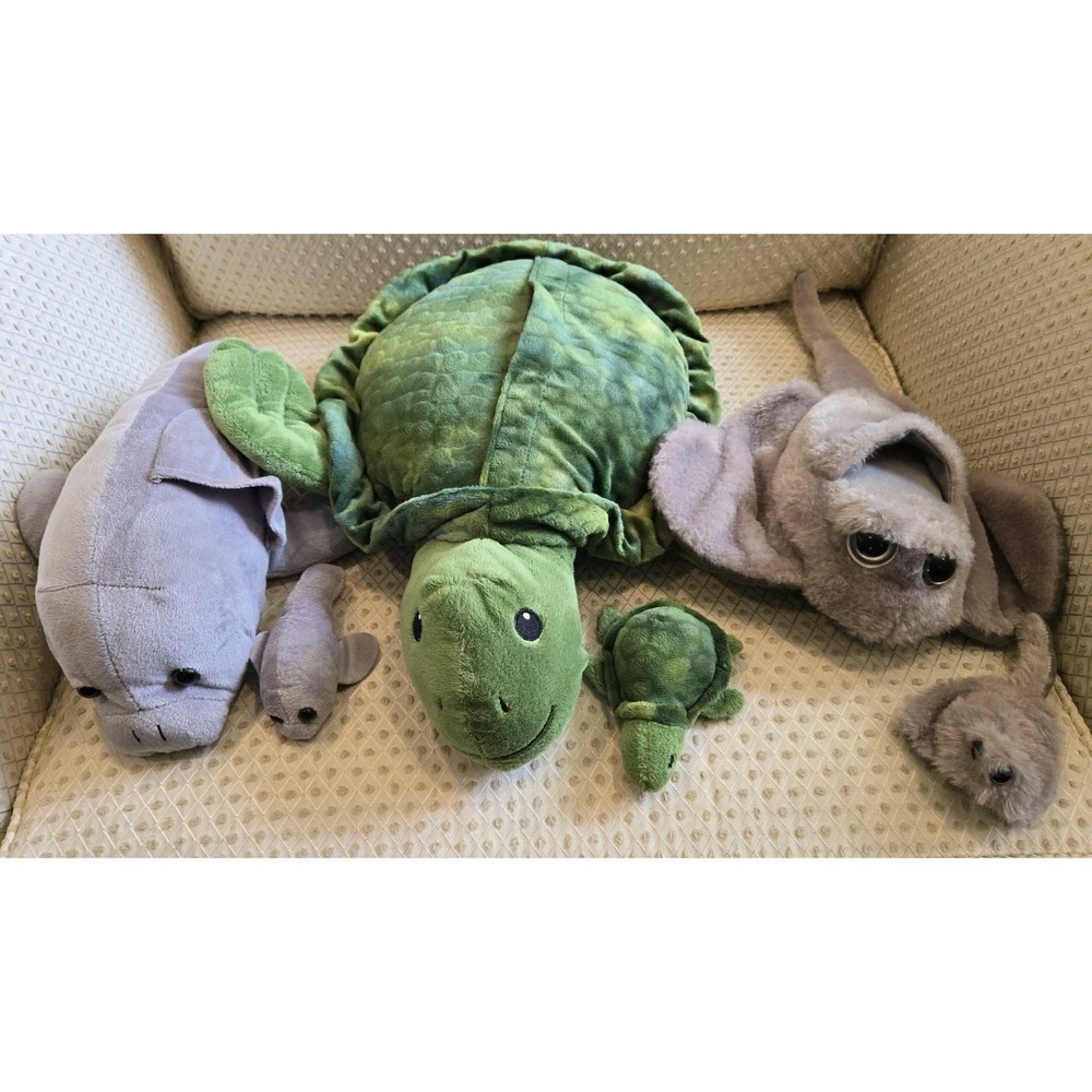 6pc Mommy Baby Ocean Animal Plush Lot Sea Turtle Manatee Stingray Pouch Precious